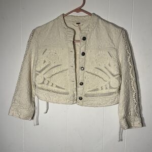 Free People Ivory Lace Crochet 3/4 Cropped Sleeve Jacket Size XS